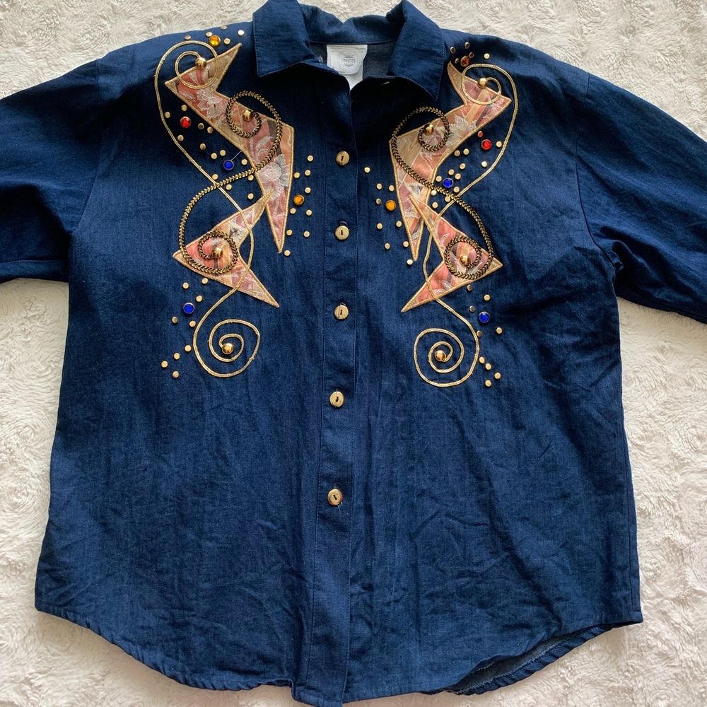 Vintage 1980s Jeweled Funky Denim Shirt Jacket